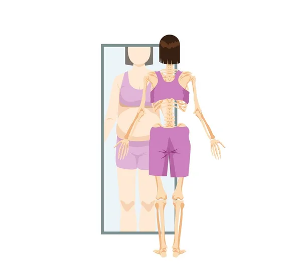 Anorexia y plenitud. Esqueleto de mujer delante del espejo ve su reflejo como grueso — Vector de stock