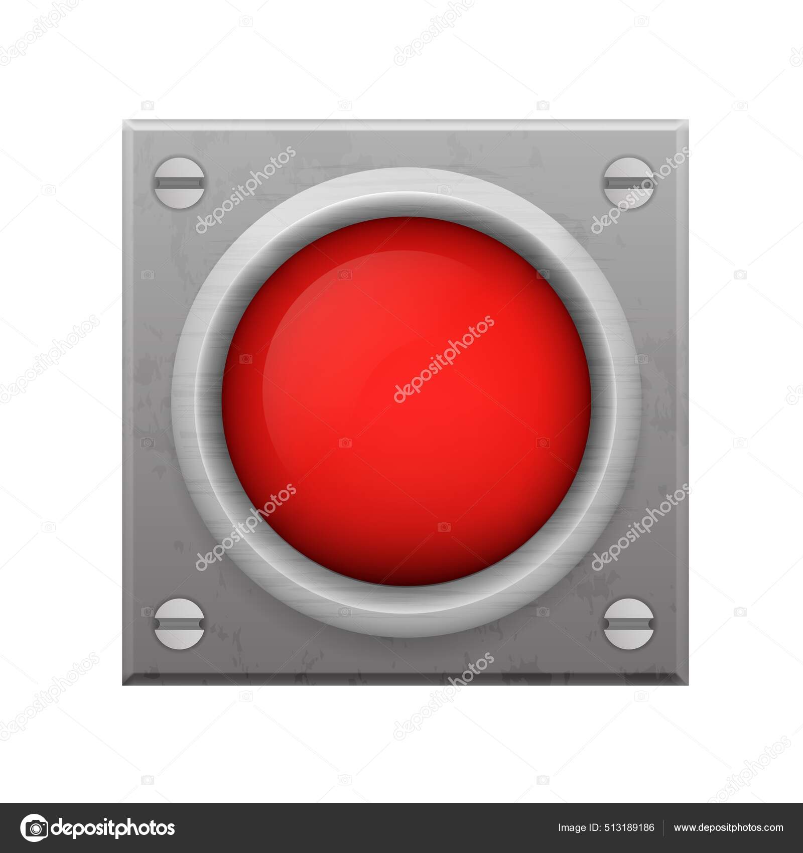 Rød alarm knap. Nødsignalsymbol på metalplade af ©pegasustudio 513189186