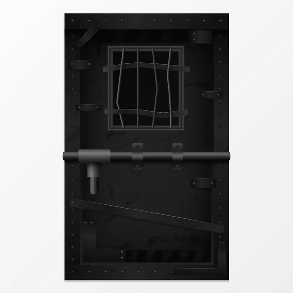Old scary door with bars. Black gate locked with powerful bolt — Stock vektor