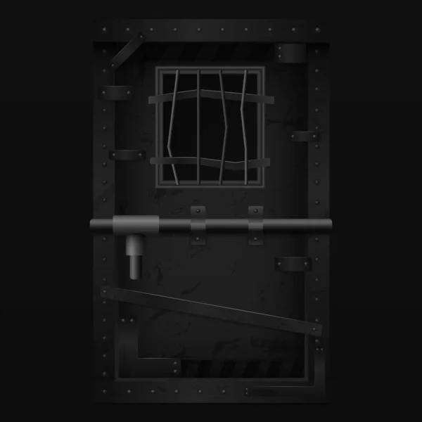 Dark scary door with bars. Black gate locked with powerful bolt — Vettoriale Stock