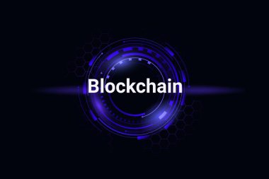 Blockchain dijital yuvarlak jetonu. Mavi parıltılı siber kripto para ve tekno tasarım kripto para işlemleri ve sanal vektör ödemeli web yatırımı