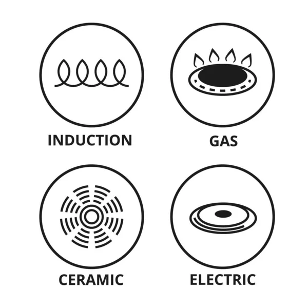 厨房用具种类繁多 现代陶瓷和感应加热器 用于舒适的烹调气体和电验证的病媒系统 — 图库矢量图片