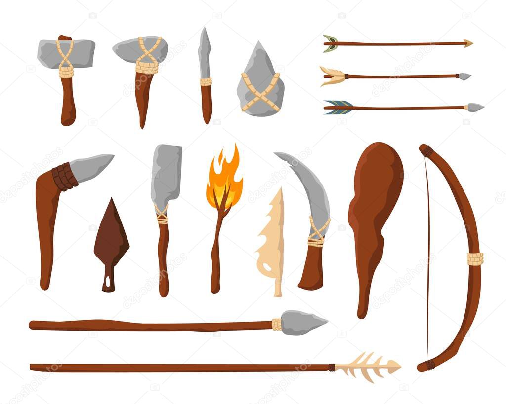 Tools and weapons of stone age. Prehistoric axes and spears clubs with bows and arrows of primitive hunters and vector neanderthals