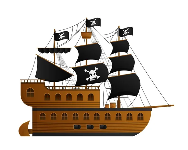 Tecknad Piratskepp Trä Corsair Caravel Seglar Svarta Segel Med Dödskalle — Stock vektor