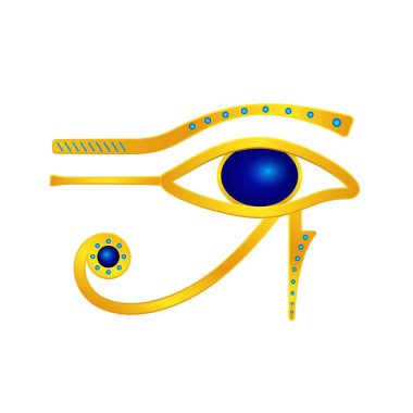 Horus 'un altın gözü. Mistik Mısır tanrısı sembolü. Mavi mücevherler, parlak kutsal tılsım. Şeytani vektörlerden korunuyor.