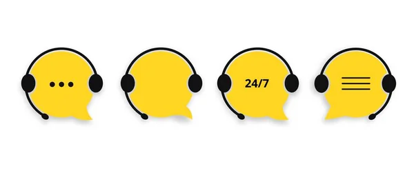 支持服务聊天图标集 技术问题中耳机助理中的黄色语音气泡和营销病媒顾问的求助热线 — 图库矢量图片
