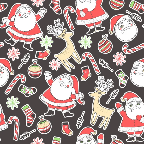 Бесшовный фон с оленями, Санта, снежинки, носки, мячи и конфеты на зимнюю и рождественскую тематику. Отличный выбор для упаковки шаблона бумаги . — стоковый вектор