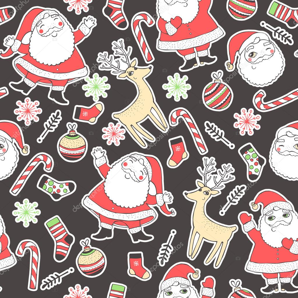 Seamless background with deer, santa, snowflakes, socks, balls and candy for winter and christmas theme. Great choice for wrapping paper pattern.