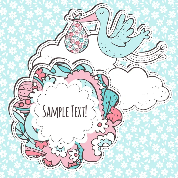 Tarjeta de felicitación Baby shower con cigüeña y nubes — Vector de stock