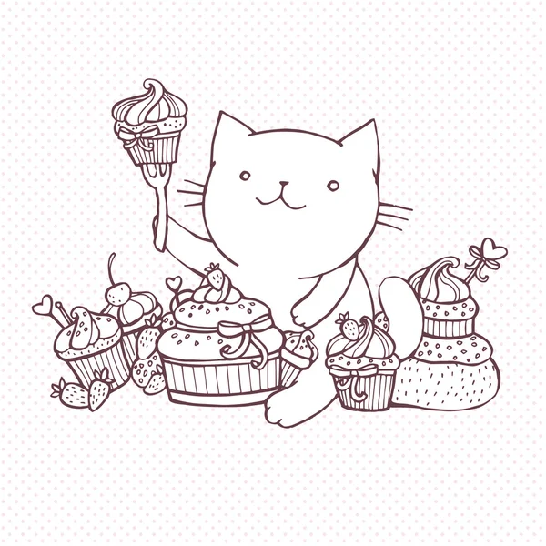 Katten äter söta cupcakes — Stock vektor