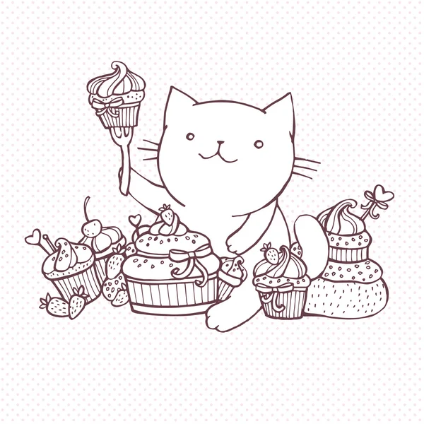 Gato comer cupcakes dulces — Vector de stock