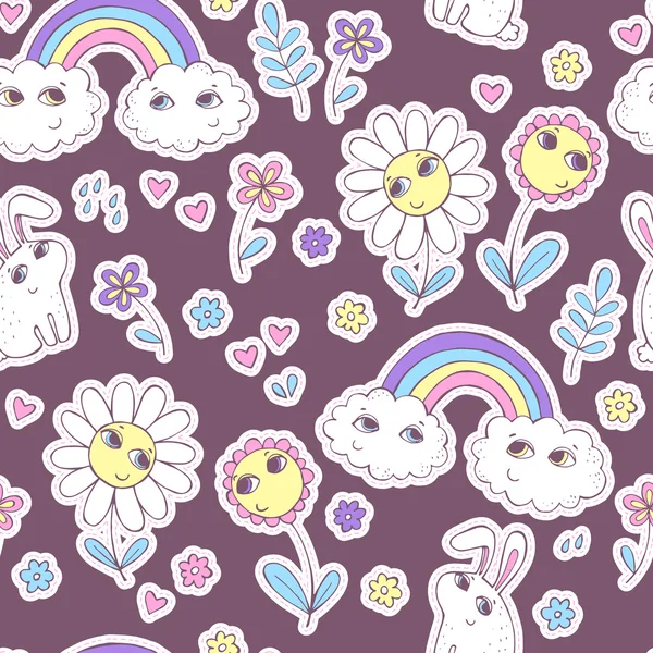 Cute seamless pattern with clouds, rainbow, flowers and rabbits. — Stock Vector