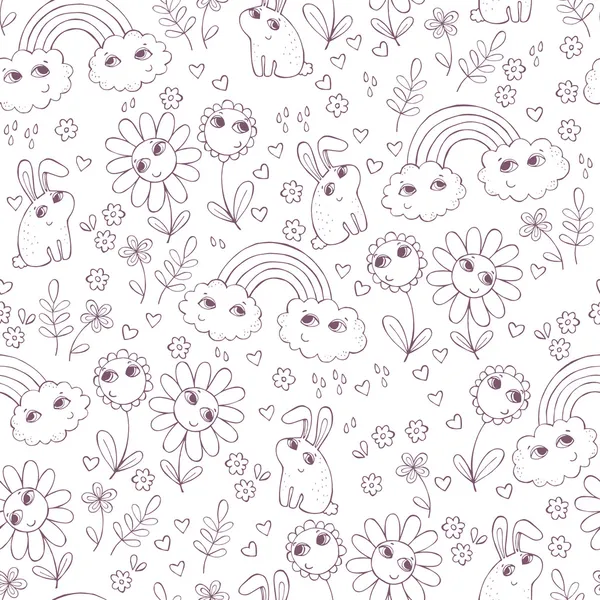 Cute seamless pattern with clouds, rainbow, flowers and rabbits. — Stock Vector