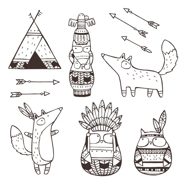 Conjunto de elementos indios dibujados a mano vectoriales (animales divertidos, flechas, atrapasueños, tótem ) — Vector de stock