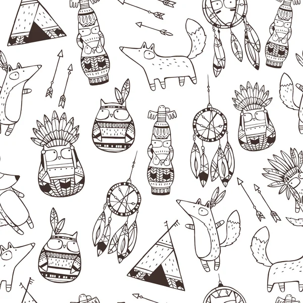 Conjunto de elementos indianos desenhados à mão vetorial (animais engraçados, setas, caçadores de sonhos, totem ) — Vetor de Stock