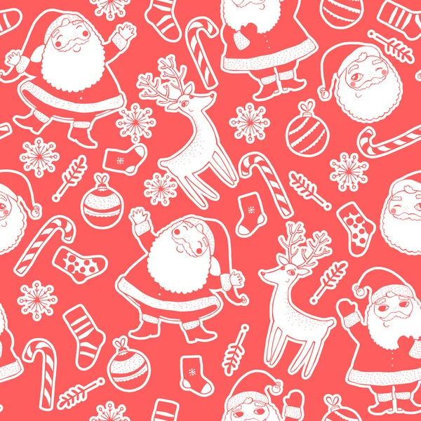 Sfondo senza cuciture con cervo, Babbo Natale, fiocchi di neve, calze, palle e caramelle per l'inverno e il tema di Natale — Vettoriale Stock