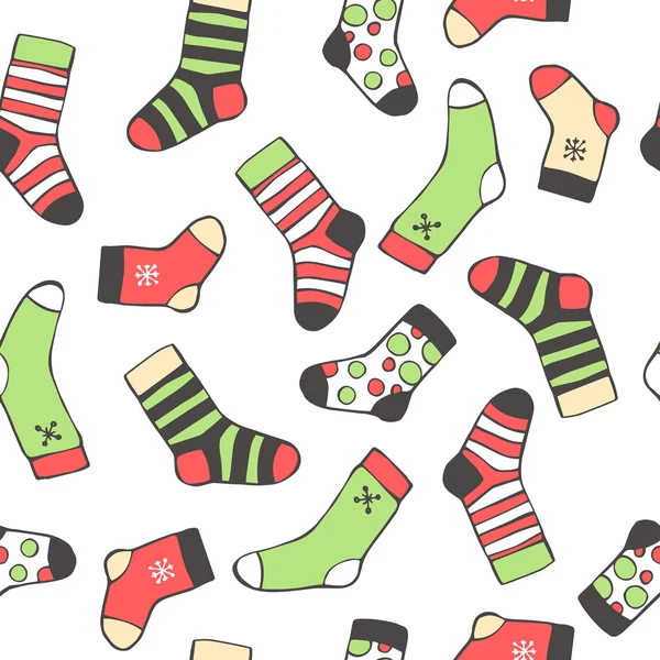 Απρόσκοπτη φόντο με κάλτσες και νιφάδες χιονιού για το χειμώνα και τα Χριστούγεννα θέμα — Διανυσματικό Αρχείο