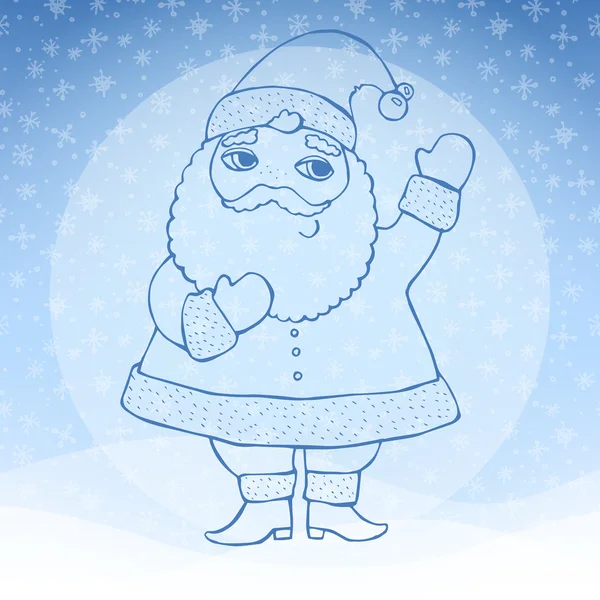 Biglietto natalizio con Babbo Natale e fiocchi di neve. Illustrazione vettoriale — Vettoriale Stock
