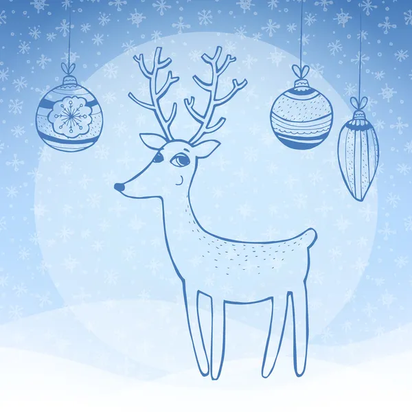 Biglietto natalizio con renne, fiocchi di neve e palline. Illustrazione vettoriale . — Vettoriale Stock