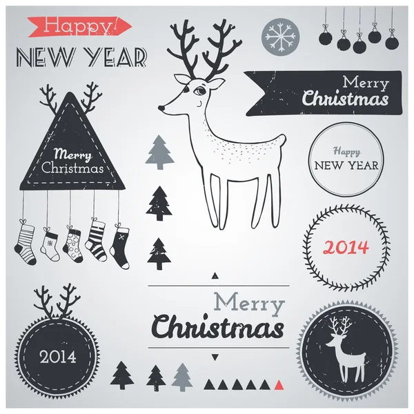 Karácsonyi csípő dekorációs elemek gyűjteménye, feliratok, szimbólumok és ikonok — Stock Vector