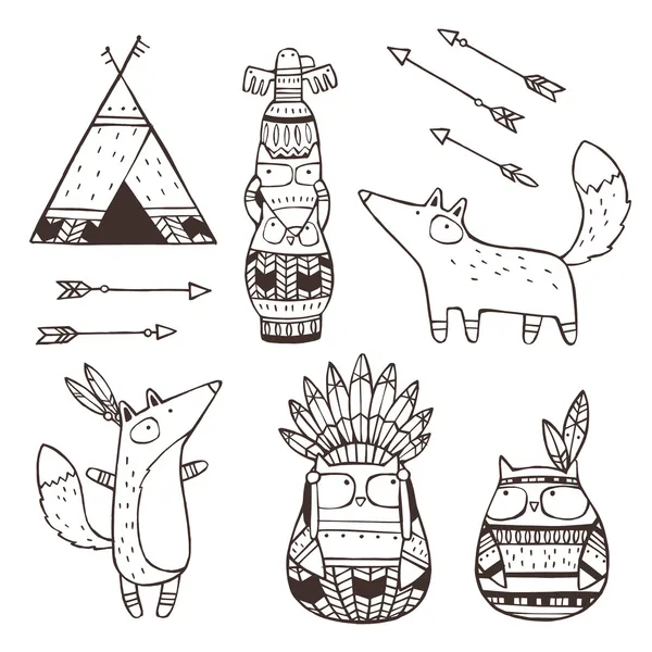Set of vector hand drawn indian elements (funny animals, arrows, dream-catchers, totem) — Stock Vector
