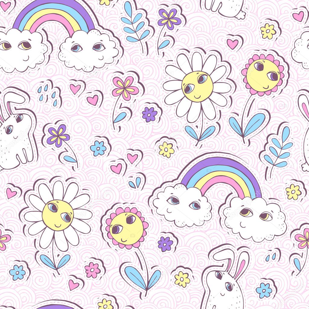 Cute seamless pattern with clouds, rainbow, flowers and rabbits.