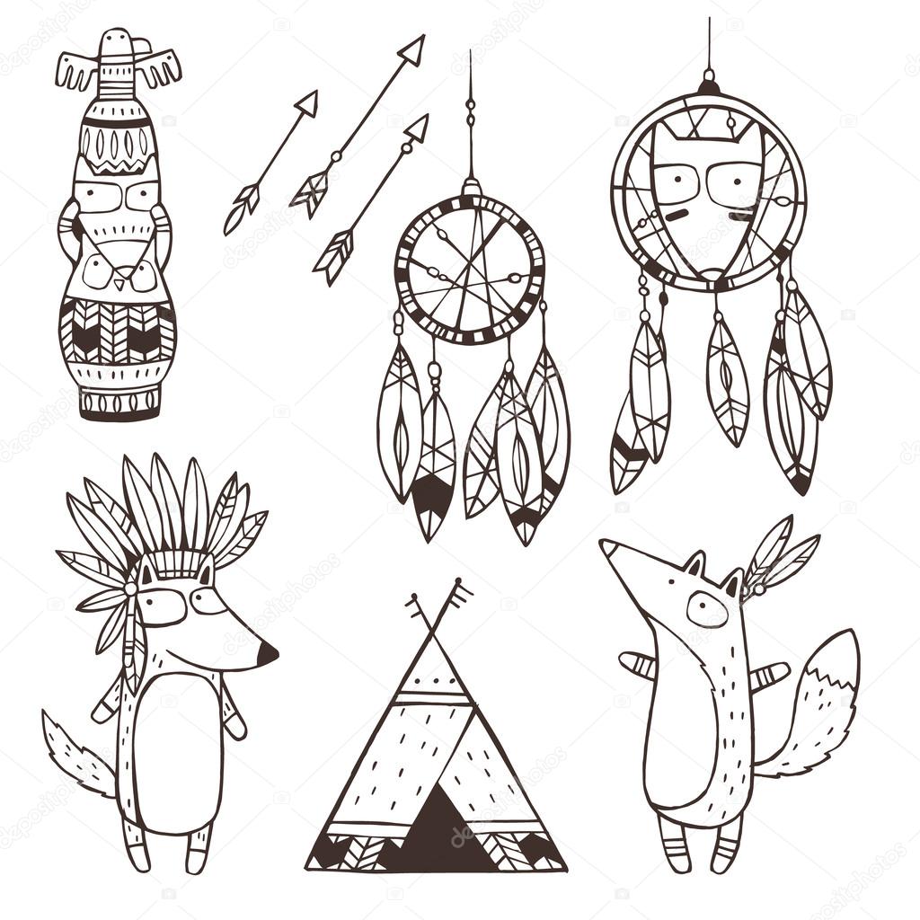 Set of vector hand drawn indian elements (funny animals, arrows, dream-catchers, totem)