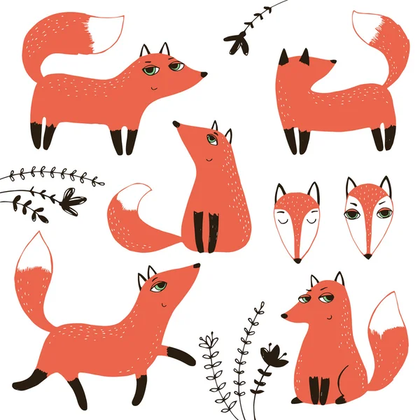Graphique avec renards rusés et floral . — Image vectorielle
