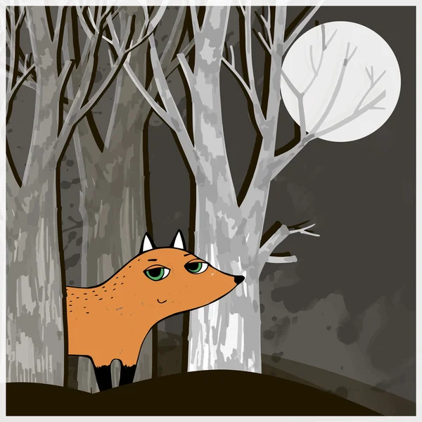 Sly fox walks in the woods at night — Stock Vector