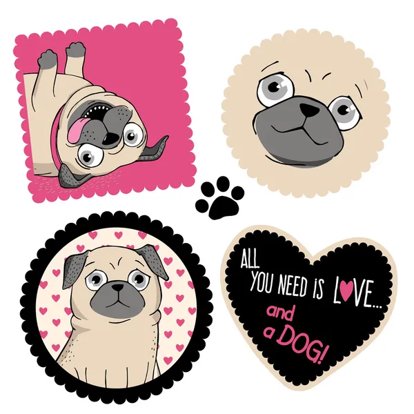 Pugs and hearts. — Stock Vector