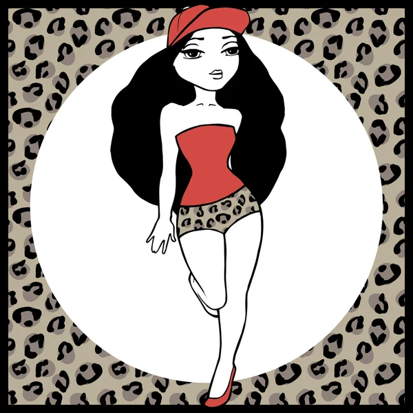 Hermosa mujer con tatuaje y fondo de leopardo — Vector de stock