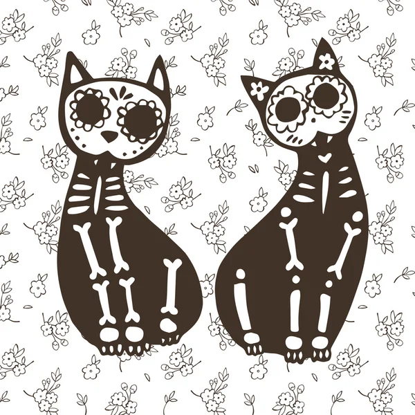 Greeting card with cats, skeletons and floral background. — Stock Vector