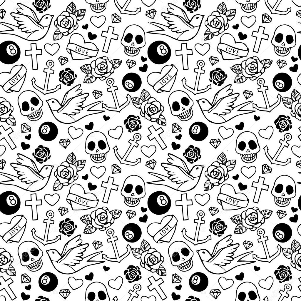 Seamless pattern with hearts, roses, sculls, ribbons, swallow, anchors.