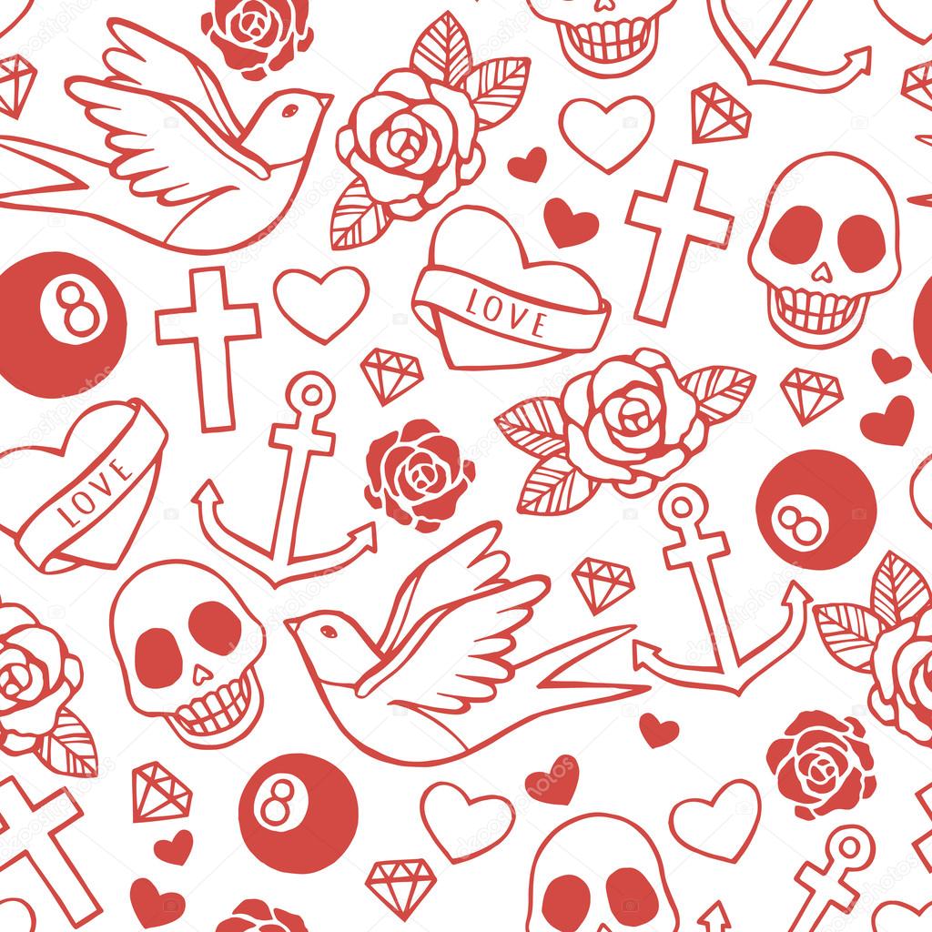 Seamless pattern with hearts, roses, sculls, ribbons, swallow, anchors.