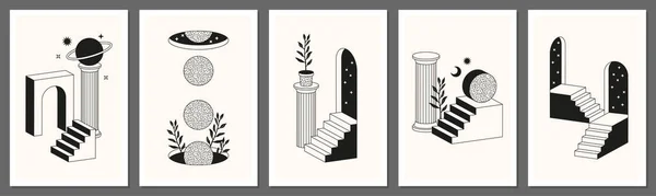 Surrealistyczne abstrakcyjne plakaty i karty w modnym stylu minimalistycznym line art. Kolumny, schody, łuk, kształty geometryczne. Ilustracja Stockowa