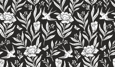 Boho mistik kusursuz desen. Moda bohem dövme tarzında çiçek, kuş ve çiçek içeren vektör arkaplan.