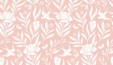 Boho mistik kusursuz desen. Moda bohem gökyüzü tarzında kuş ve çiçek elementleriyle vektör arkaplan.