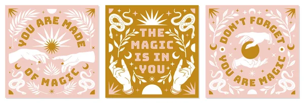 Boho mystieke posters met inspirerende citaten over energie, magie en goede vibes in trendy boheemse stijl. — Stockvector