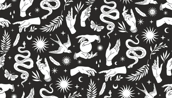 Boho mystical seamless pattern with hands, snakes, moon, sun, bird, moth and floral elements in trendy tattoo style. — Stock Vector