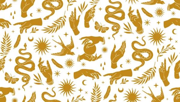 Boho mystical seamless pattern with hands, snakes, moon, sun, bird, moth in trendy bohemian celestial style. — Stock Vector