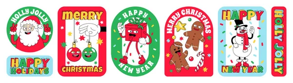 Merry Christmas and Happy New year funny cartoon characters. Sticker pack, posters in trendy weird retro cartoon style. — Stock Vector