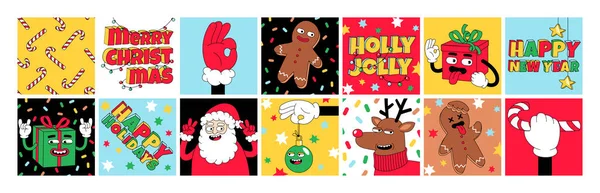 Vrolijk Kerstfeest en Gelukkig Nieuwjaar grappige stripfiguren. Sticker pack, posters in trendy rare retro cartoon stijl. Rechtenvrije Stockillustraties