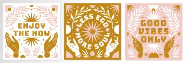 Enerji, sihir ve moda bohem tarzında iyi titreşimler hakkında ilham verici alıntılar içeren Boho mistik posterleri..