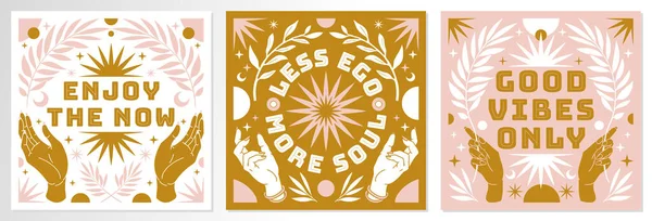 Мистические плакаты Бохо с вдохновляющими цитатами об энергии, магии и хороших вибрациях в модном богемном стиле. Векторная Графика