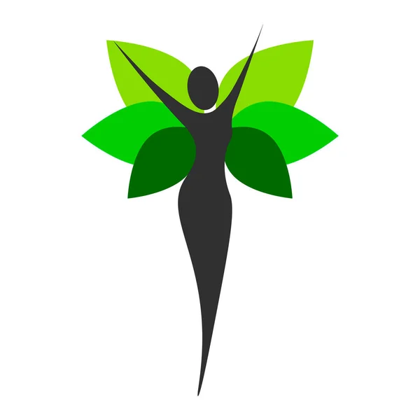 健康标志模板 瑜伽标志库存 在绿叶矢量图解中平衡冥想 自然美标志设计理念与绿叶造型和女童轮廓 温泉和时尚的象征 矢量图标 — 图库矢量图片#