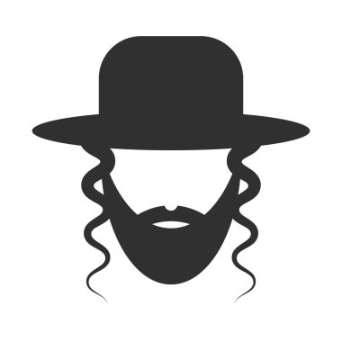 Moda tasarım tarzında haham ikonu. Sakallı, gözlüklü ve şapkalı bir Yahudi ikonu. Haham vektör simgesi web sitesi, mobil, logo, uygulama için basit ve modern düz sembol. Vektör illüstrasyonu beyaz arkaplanda izole edildi.