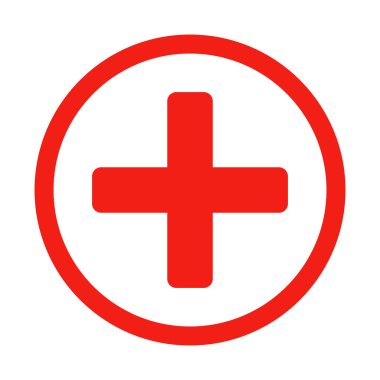 Tıbbi işaretler daire şeklinde, düğme şeklinde, kırmızı. Yardım, sağlık, hastane ve tıbbın sembolü. Vektör illüstrasyonu beyaz arkaplanda izole edildi.