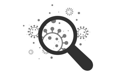 Büyüteçteki bakteriler. Yenilenen cam altında virüsler, enfeksiyon mikrobu ve hastalık bakterileri. Mikroorganizmalar daire çizimi. Mikroplar ve hastalık hücreleri araştırılıyor,