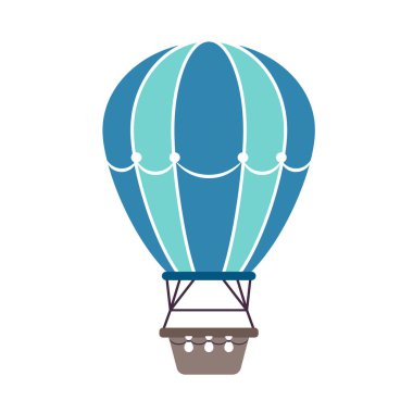Beyaz arka planda mavi renkli sıcak hava balonu. Uçuşun, seyahatin, ulaşımın ve özgürlüğün sembolü. Vektör illüstrasyonu