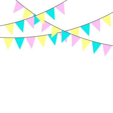 Tatil süslemeleri için vektör üçgen doğum günü bayrakları. Hoş komik karnaval flamaları kart, davetiye, pankart tasarımı. Parlak tatil, festival ya da beyaz üzerine güzel bir çelenk